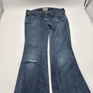 Frankie B Women's Blue Jeans Size 2 Flared Made In USA Distressed Pocket Flares